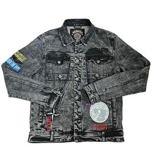 Born Fly Denim Jacket‎ Acid Wash Patches Graphic Streetwear Jean Jacket SM